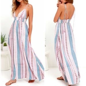 Lulus Maxin' Relaxin' Blue Multi Print Sleeveless Tie-Strap Maxi Dress i…